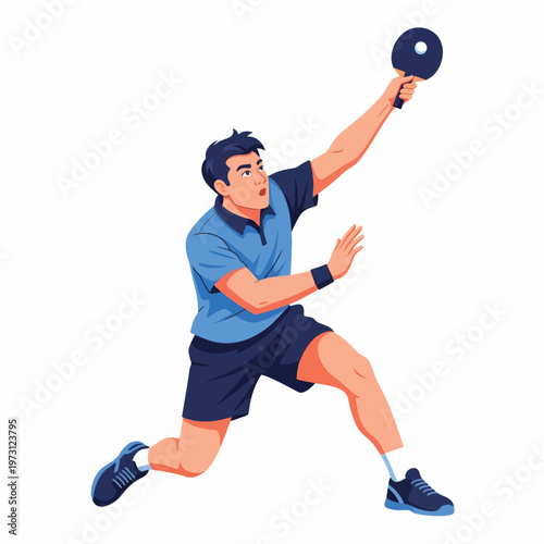 A man in a blue shirt and black shorts lunges to hit a table tennis ball with a paddle on a solid white background.