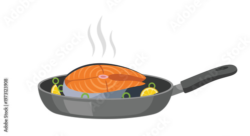 A healthy salmon steak sizzles in a pan with lemon slices and green onions, releasing fragrant steam into the air