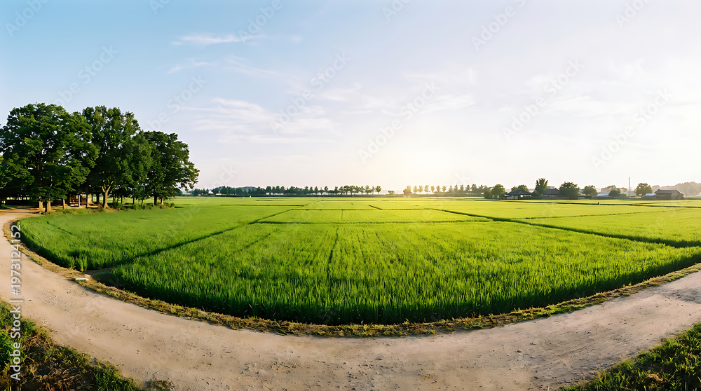 Obraz premium Green rice field with dirt road and trees under blue sky