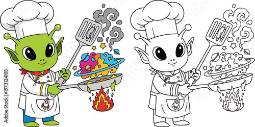 Cute Alien Chef Cooking Cosmic Food Cartoon Vector Illustration with Planets and Stars