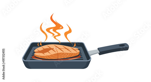 Sizzling Salmon Steak Grilling in a Square Pan with Flames and Smoke, a Culinary Delight Illustration