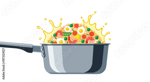 Stylized illustration of a pot overflowing with a vibrant and delicious rice dish, with yellow liquid splashing out