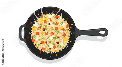 Steaming hot vegetable fried rice cooked in a cast iron skillet with colorful ingredients, presented from a top down view