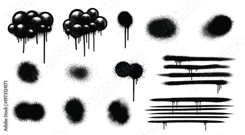 Set of black spray paint graffiti elements, including drips, splatters, and cloud shapes
