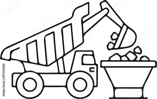 Construction scene with a dump truck and excavator in black and white line art style