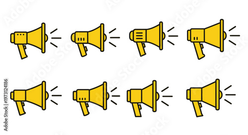 Multiple yellow megaphone icons arranged in a grid to represent announcements and marketing communication campaigns