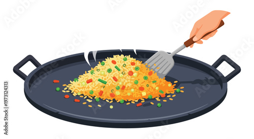 Culinary masterpiece preparation: a hand skillfully stirs a vibrant vegetable fried rice in a wide, flat pan, ready for serving