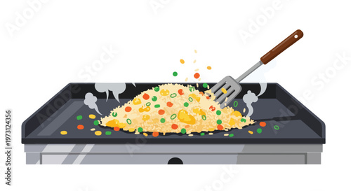 Vibrant fried rice preparation with a spatula on a flat-top grill, steam rising, showcasing colorful ingredients and a dynamic cooking process