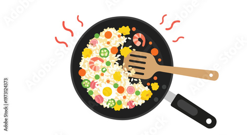 Vibrant Culinary Creation: A Delicious Stir-Fry of Rice, Shrimp, and Colorful Vegetables Being Prepared in a Hot Skillet