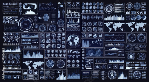 Futuristic digital dashboard interface with various data charts, graphs, and world maps