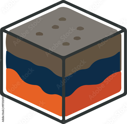Abstract isometric illustration of soil layers with pebbles on top, representing earth science and geology concepts