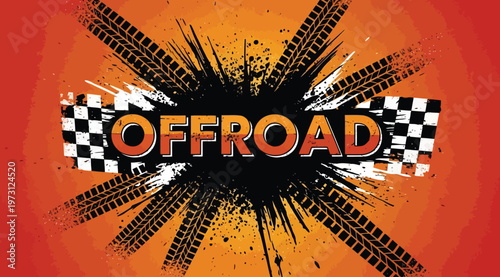 Offroad racing background with tire tracks and checkered flag design