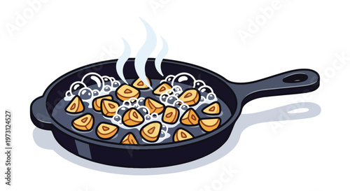Whimsical illustration of food sizzling in a cast iron skillet with steam rising, perfect for culinary and recipe content