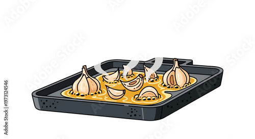 Aromatic Garlic Cloves Simmering Gently in Golden Oil on a Black Baking Tray with Wisps of Steam Evaporating