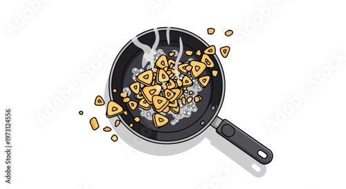 Artistic illustration of golden triangular food items sizzling in a pan with steam rising, a delightful culinary scene rendered in vibrant cartoon