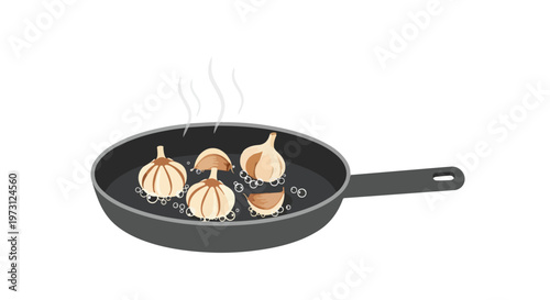 A minimalist illustration depicting several garlic bulbs and cloves sizzling in a black frying pan with steam rising, showcasing a culinary