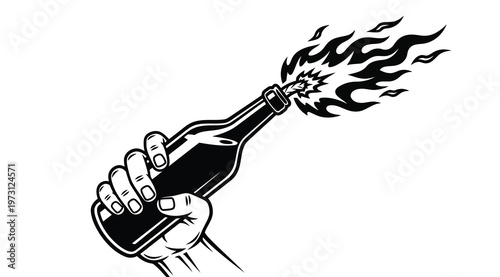Hand holding a burning molotov cocktail vector illustration