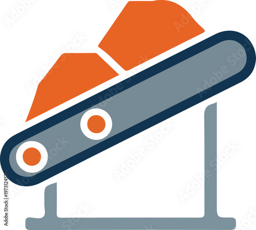 Modern flat design icon of an industrial conveyor belt system efficiently transporting bulk raw materials for mining, construction, or manufacturing processes, symbolizing productivity