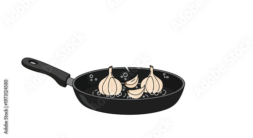 Frying garlic in a pan with bubbling oil, a culinary illustration for food preparation and cooking demonstrations