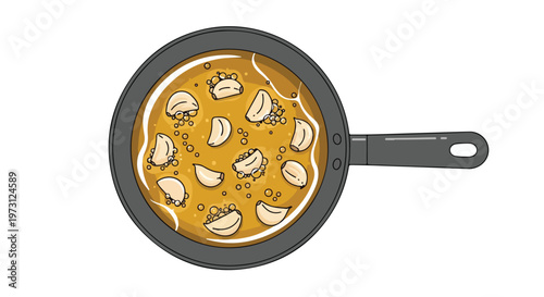 Illustrative overhead view of a frying pan filled with simmering liquid and sliced garlic cloves creating a culinary scene