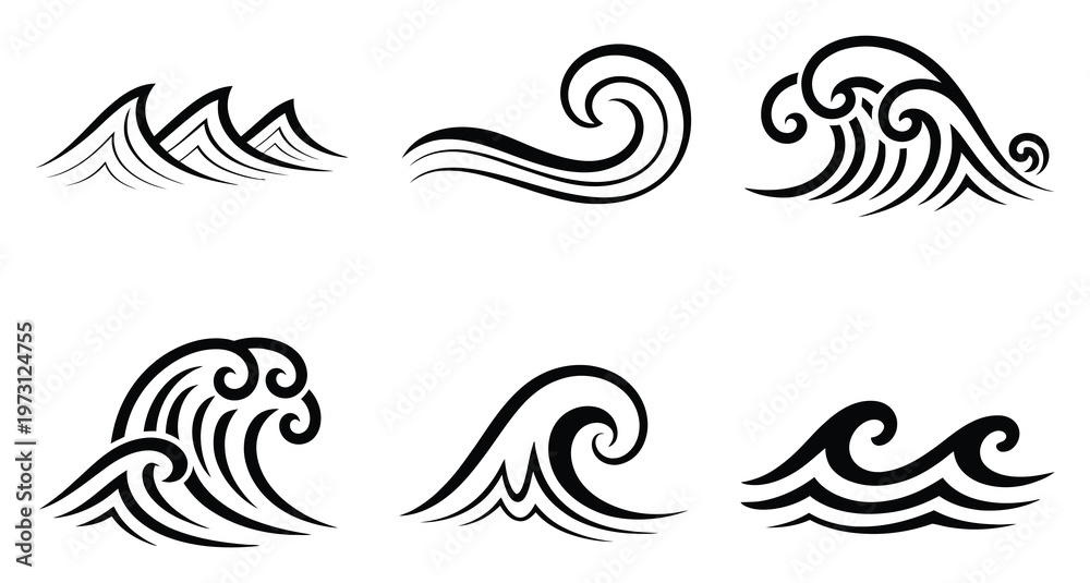 Fototapeta premium Wave Vector Illustration Set of Six Stylized Ocean Waves