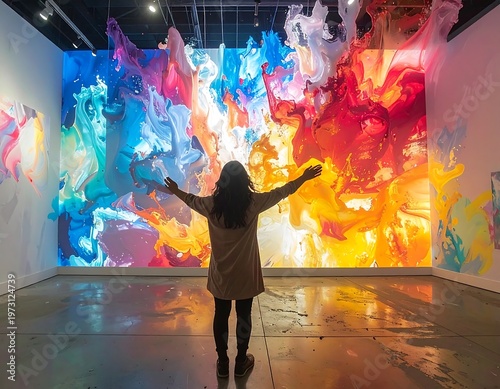 A person stands before an expansive abstract artwork with arms outstretched. The colorful display is lit, reflecting onto the room's floor