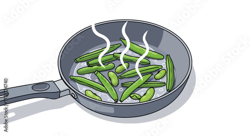 Fresh green beans and peas sizzling in a hot pan, releasing aromatic steam, ready for a delicious meal preparation