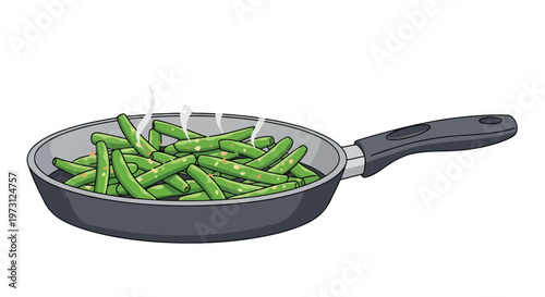 Freshly sautéed green beans with a hint of seasoning in a modern frying pan, illustrated with steam rising