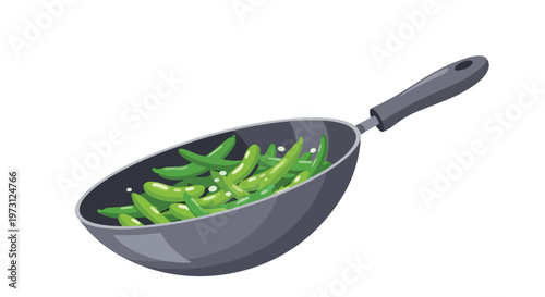Freshly cooked green beans in a dark gray wok, a simple yet appetizing culinary illustration for healthy eating themes