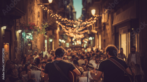 Fiesta di Santa Rosalia, Musicians performing on decorated street with warm lights during Santa Rosalia festival night creating vibrant cultural celebration atmosphere in Sicily Italy