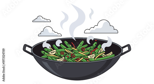 Vibrant Green Bean Stir-fry Cooking in a Wok with Steam Rising Underneath Stylized Clouds