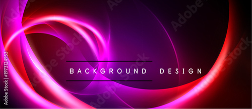 Abstract neon swirls, vibrant purple, pink hues dominate dark backdrop. Text reads background design centered within glowing shapes.
