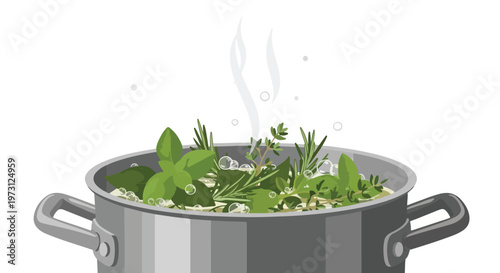 Aromatic Herbs Simmering in a Pot Releasing Fragrant Steam and Bubbles Creating a Culinary Infusion
