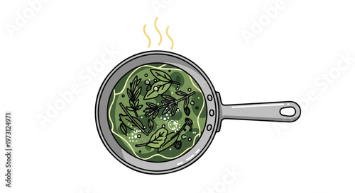 Whimsical illustration of vibrant green herbs simmering in a pan, releasing fragrant steam, perfect for culinary themes