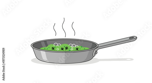 Steaming green vegetable medley bubbling in a frying pan creating culinary delight for healthy eating