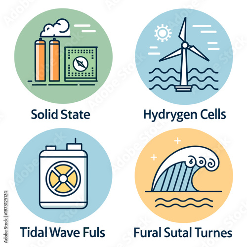 Vector icon set of sustainable energy technology including solid state, hydrogen cells, and tidal wave power
