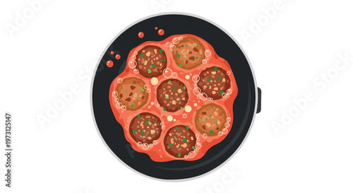 Illustrative top-down view of delectable meatballs simmering in a rich tomato sauce within a black cooking pan, a culinary delight captured in flat