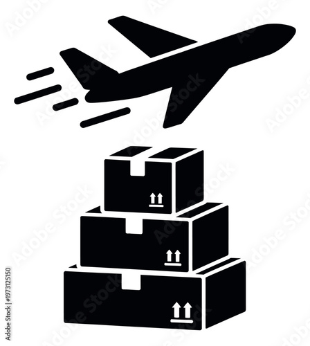 Simple icon illustration of air freight delivery depicting a flying airplane and stacked packages for global shipping and logistics services