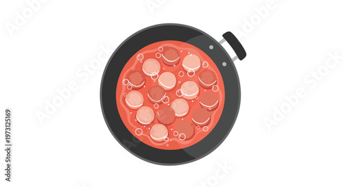 Top-down illustration of sizzling meatballs in a simmering tomato sauce within a dark cooking pan, capturing culinary preparation.