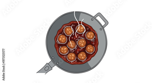 Simmering spherical delights in a savory sauce within a cooking vessel, a delicious preparation.