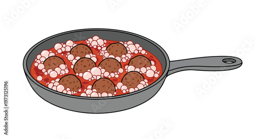 Illustration of delicious meatballs simmering in a red sauce with light pink bubbly accents in a gray frying pan