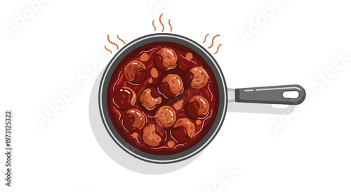 Hearty meatball stew bubbling in a skillet, a comforting culinary creation prepared for a delicious meal