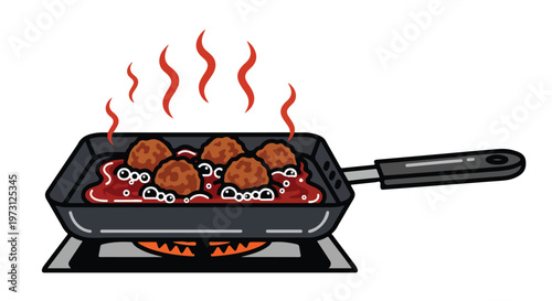 Illustration of sizzling meatballs simmering in a tomato sauce within a square frying pan on a stovetop, generating steam.