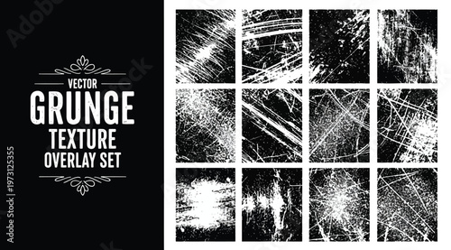 Vector grunge texture overlay set distressed scratched surface textures for design, vintage effect, and weathered background