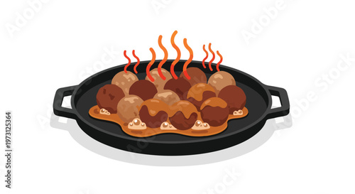 Hearty Meatballs Simmering in Rich Gravy on a Cast Iron Skillet