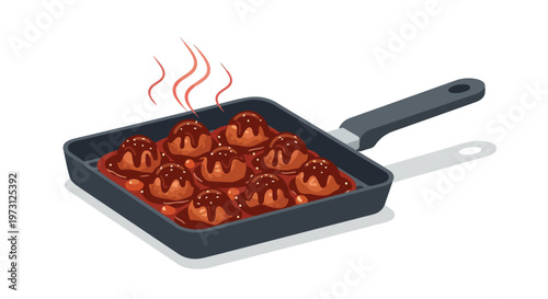 Hot and Steaming Meatballs in a Sauce Glazed with Chocolate Served in a Square Pan