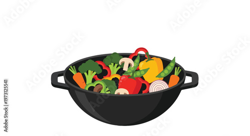 Vibrant Assortment of Fresh Vegetables Overflowing in a Black Wok Against a Stark White Background