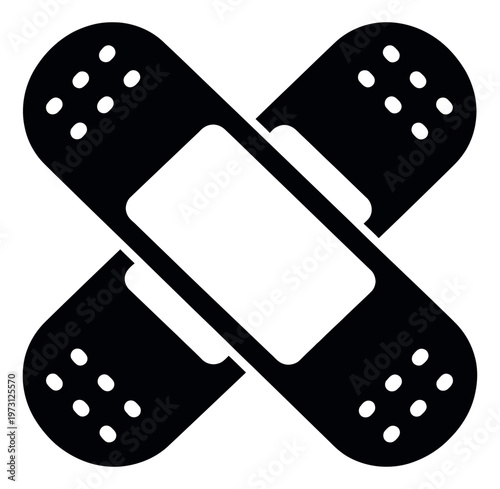 Simple line art illustration of crossed band aids depicting first aid and protection for medical and healthcare applications