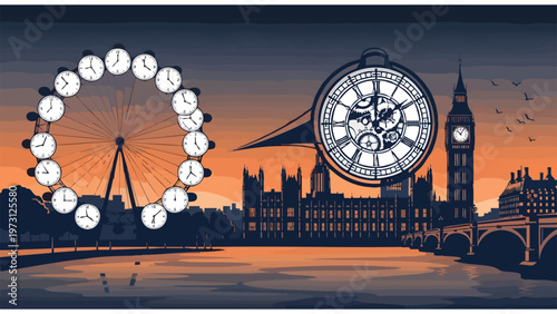 London Time Travel Concept - Big Ben & Eye Ferris Wheel with Clockwork, Vintage Pocket Watch Zoom