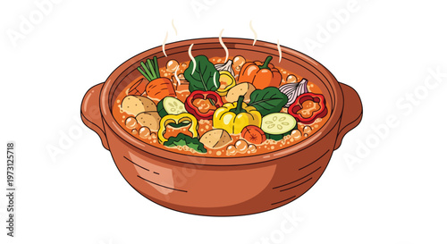 A steaming terracotta pot overflowing with a vibrant and hearty vegetable stew, showcasing an assortment of fresh produce and aromatic ingredients